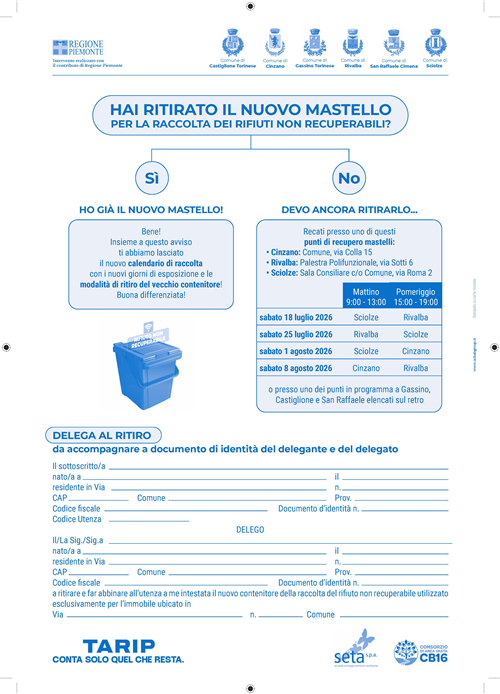 Tarip - Nuove date per il ritiro del mastello ( solo per chi non lo avesse ancora ritirato) - modulo per richiesta mastello aggiuntivo - il "Rifiutologo" aggiornato